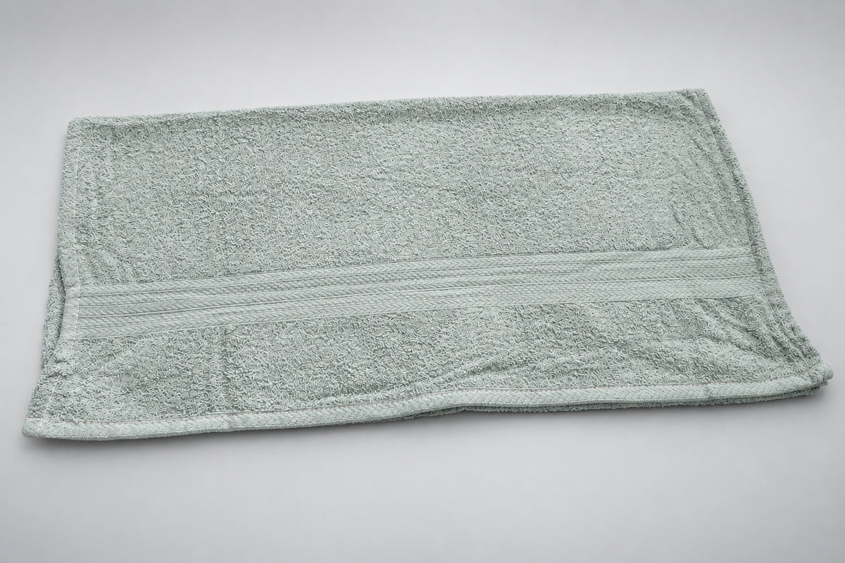 Value Bath Towel in Sage Grey on a light background, central ribbed stripe