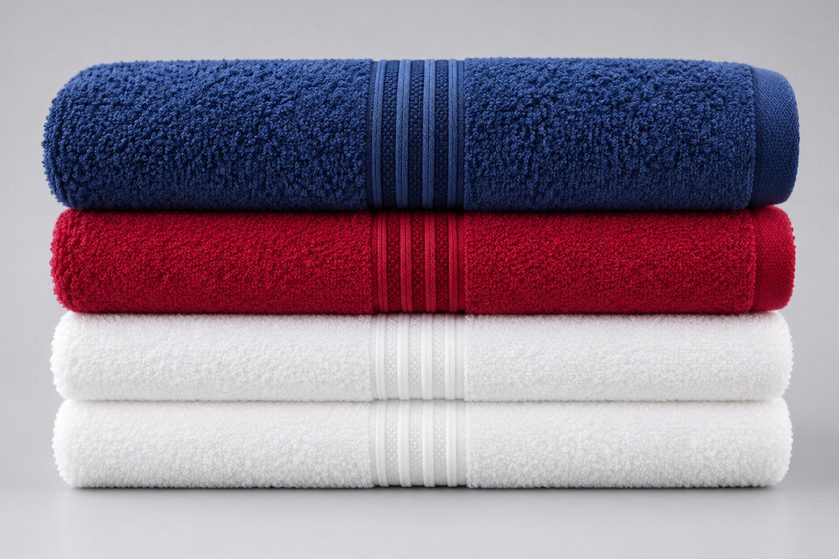 Everyday Gym and Face Towels in White, Hot Pink and Slate Blue stacked side by side