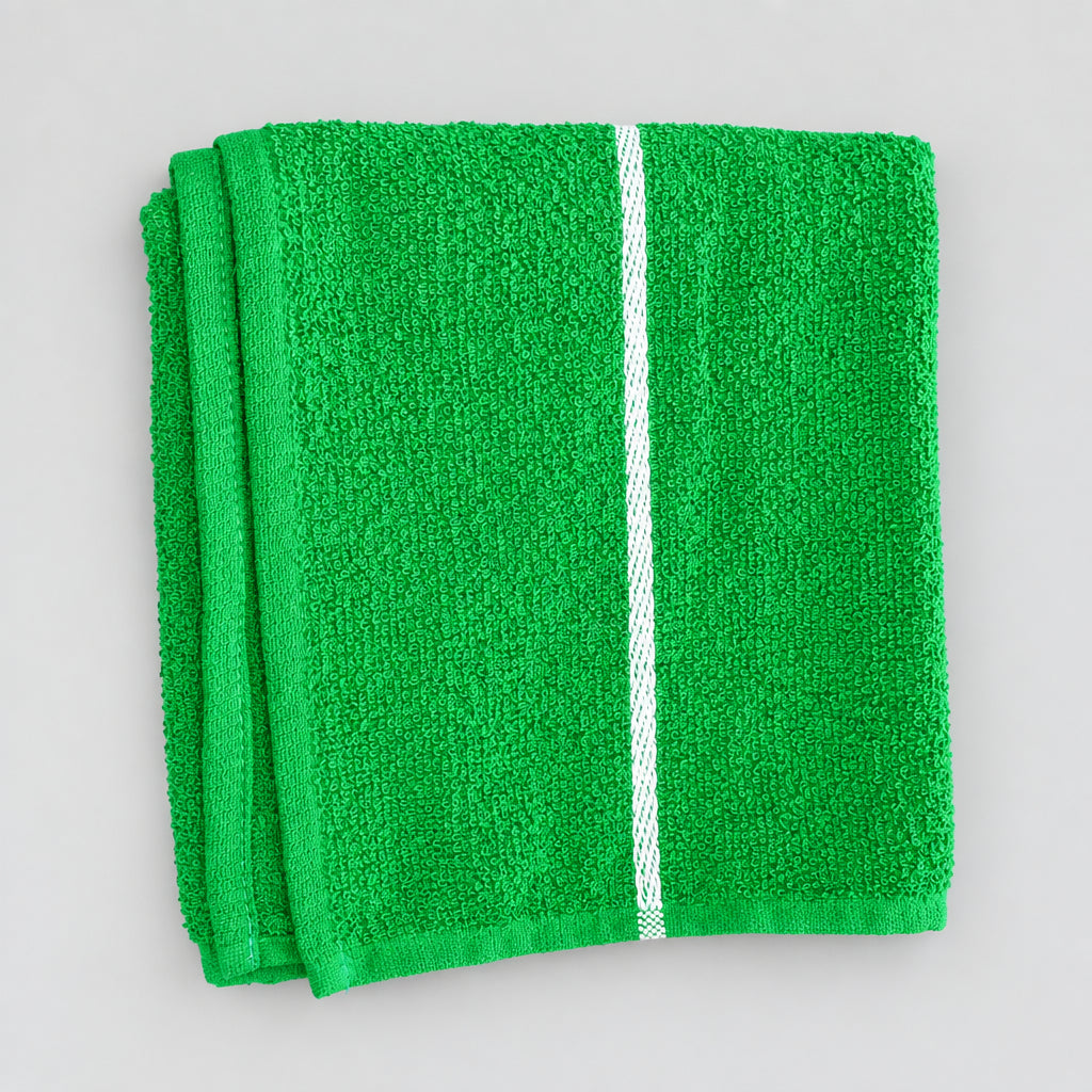 Garden Green Loop Terry Kitchen Towel folded, white woven stripe