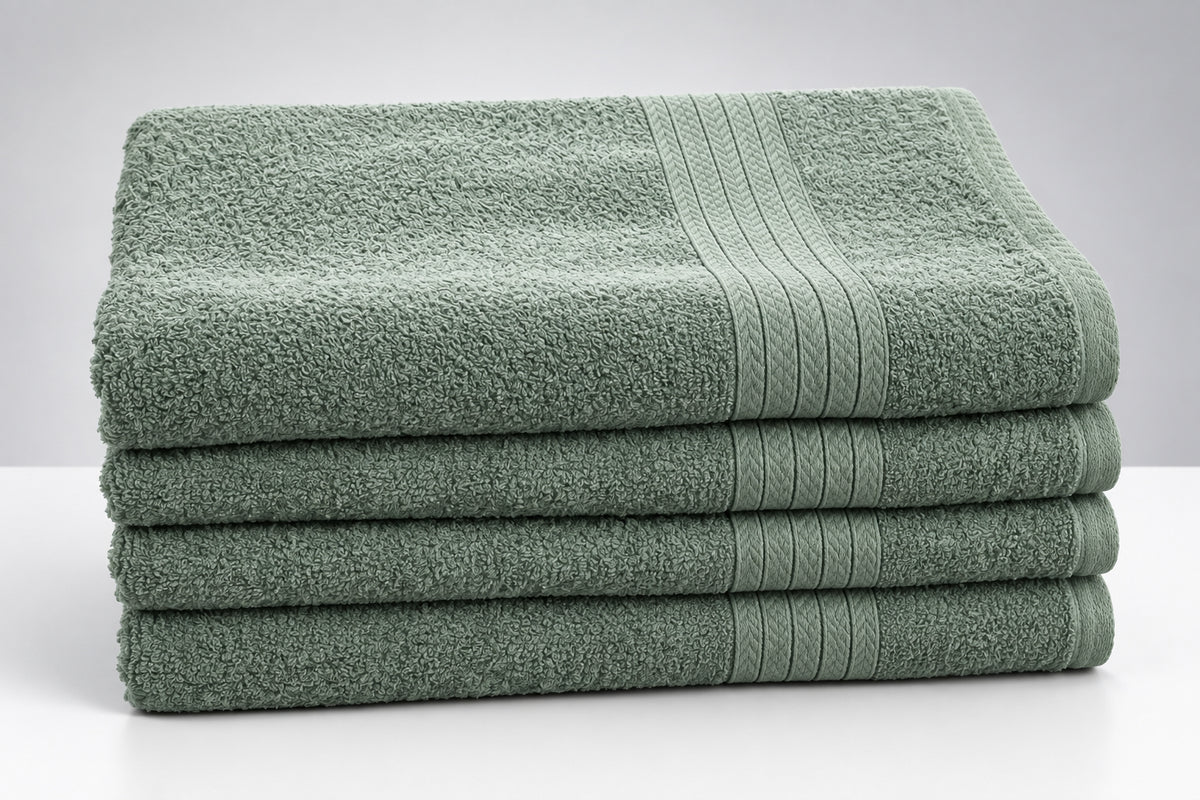 Stack of Sage Grey Value Bath Towels, side view