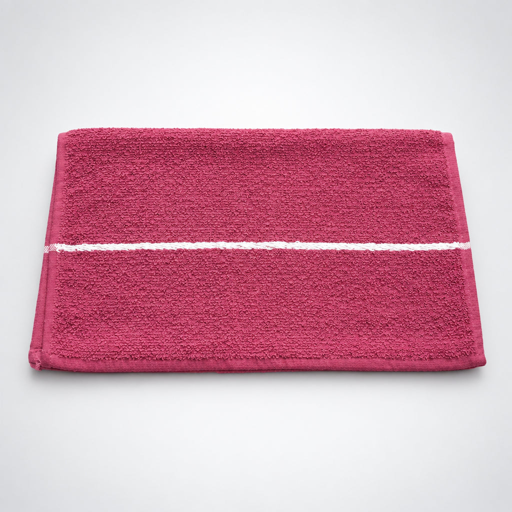 Burgundy Loop Terry Kitchen Towel folded, with a white woven stripe