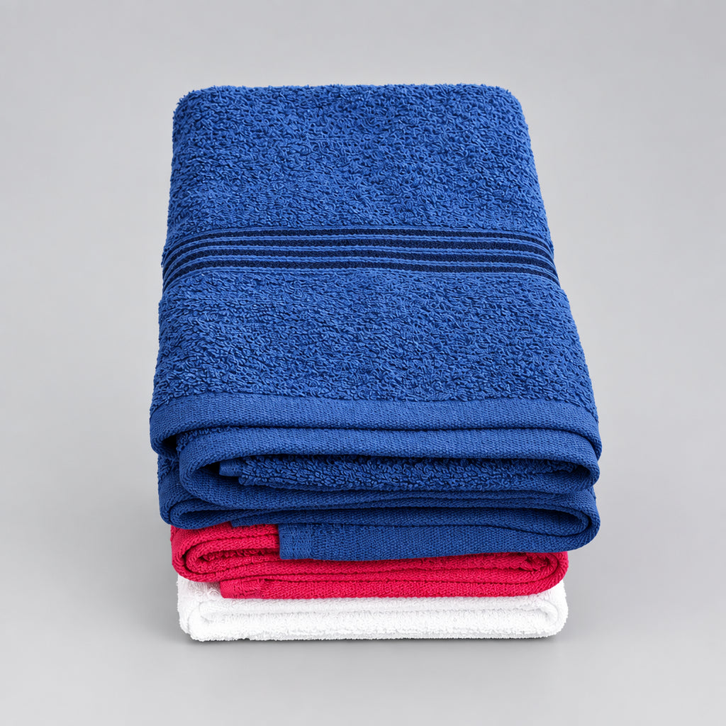 Stack of Gym and Face Towels with Slate Blue on top, Hot Pink and White below