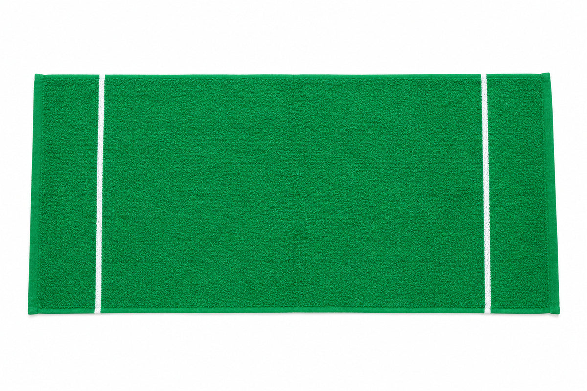Garden Green Loop Terry Kitchen Towel laid flat, with two white woven stripes