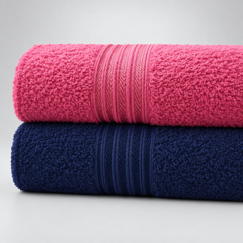 Hot Pink Gym and Face Towel on top of a Slate Blue one, showing the woven dobby borders