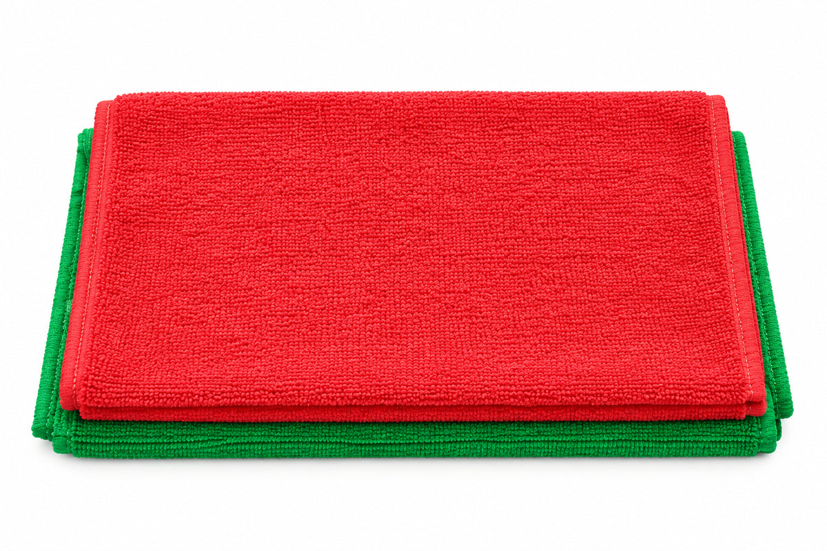 Burgundy and Garden Green Loop Terry Kitchen Towels folded together