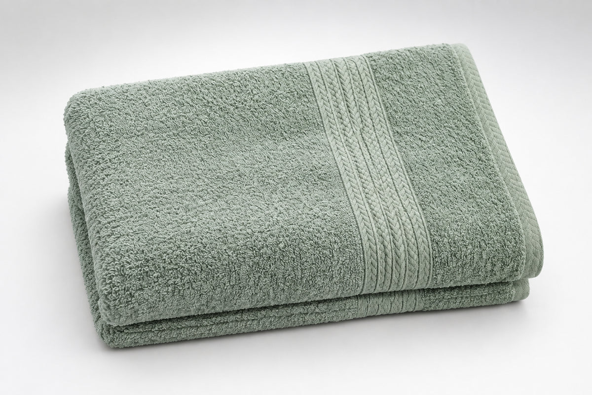 Value Bath Towel in Sage Grey folded, with a braided dobby band