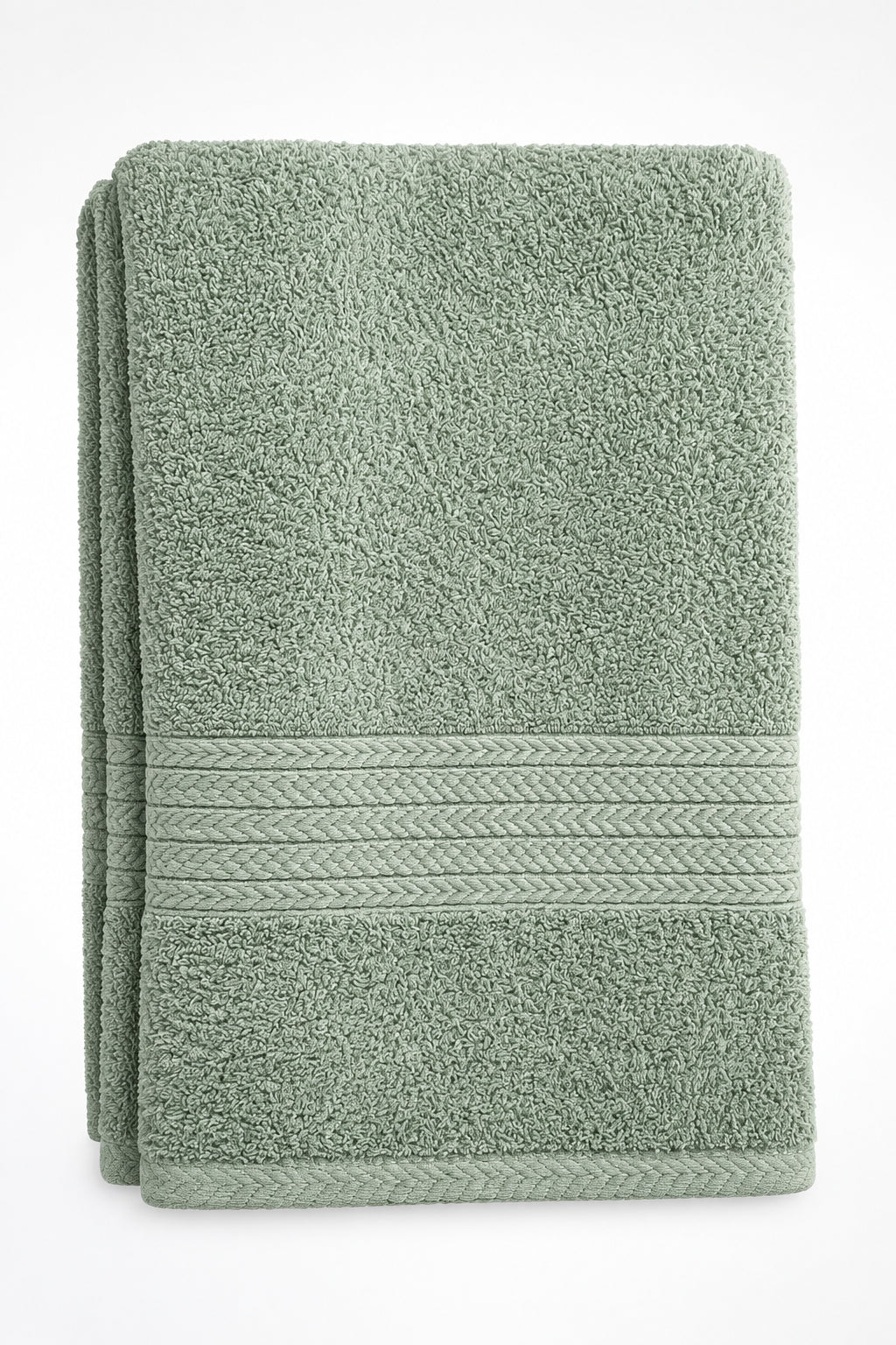Value Bath Towel in Sage Grey folded, portrait view of the braided band
