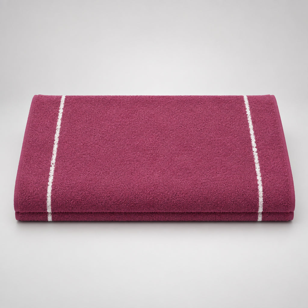 Burgundy Loop Terry Kitchen Towel laid flat, showing two white stripes