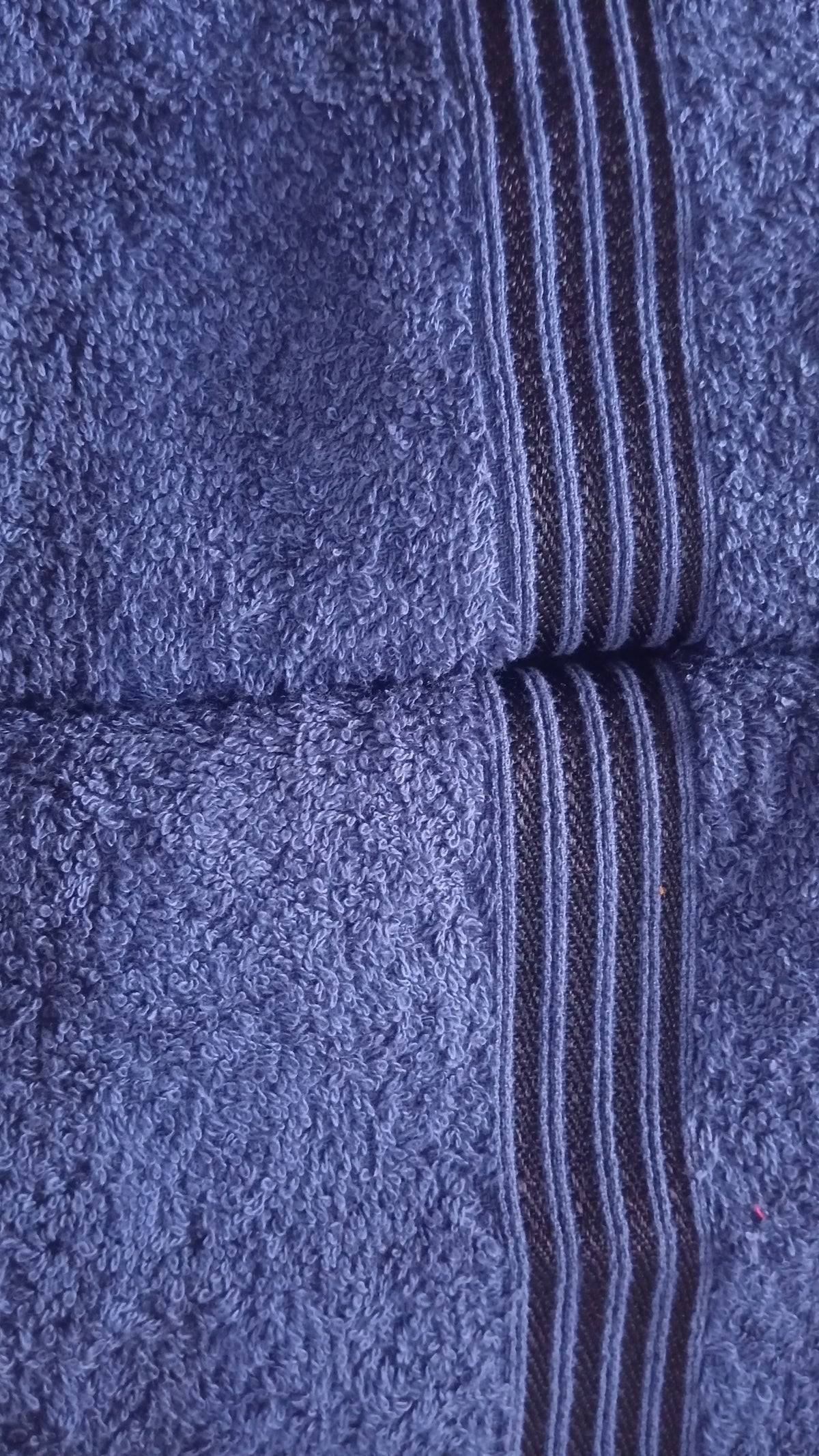 Close-up of Slate Blue terry and its dark dobby border stripes