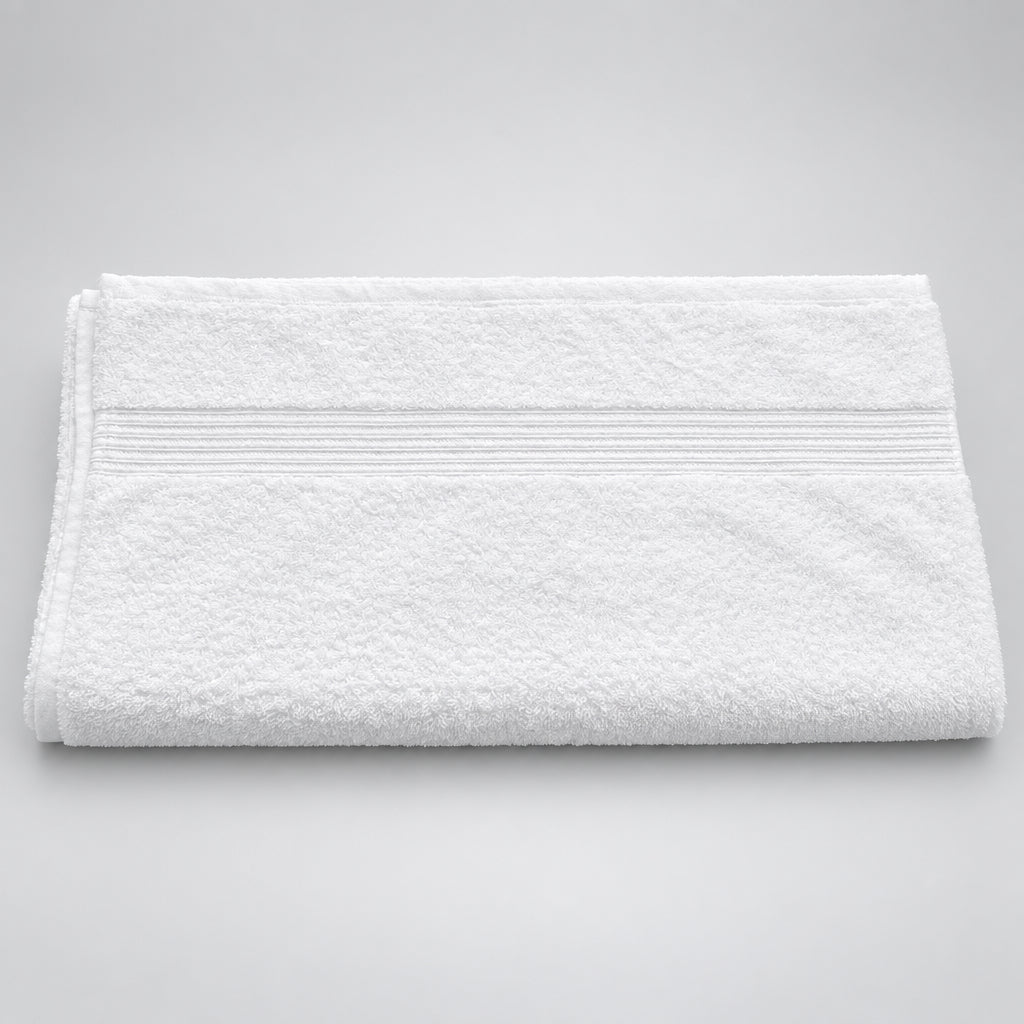 Home Bath Towel in white folded, showing the ribbed dobby stripe