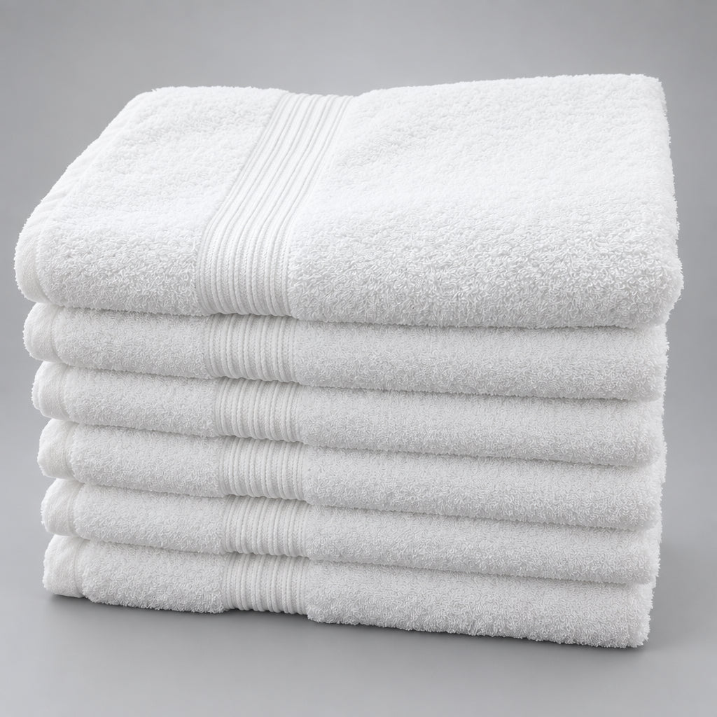 Six white Home Bath Towels stacked on a wooden table, square view