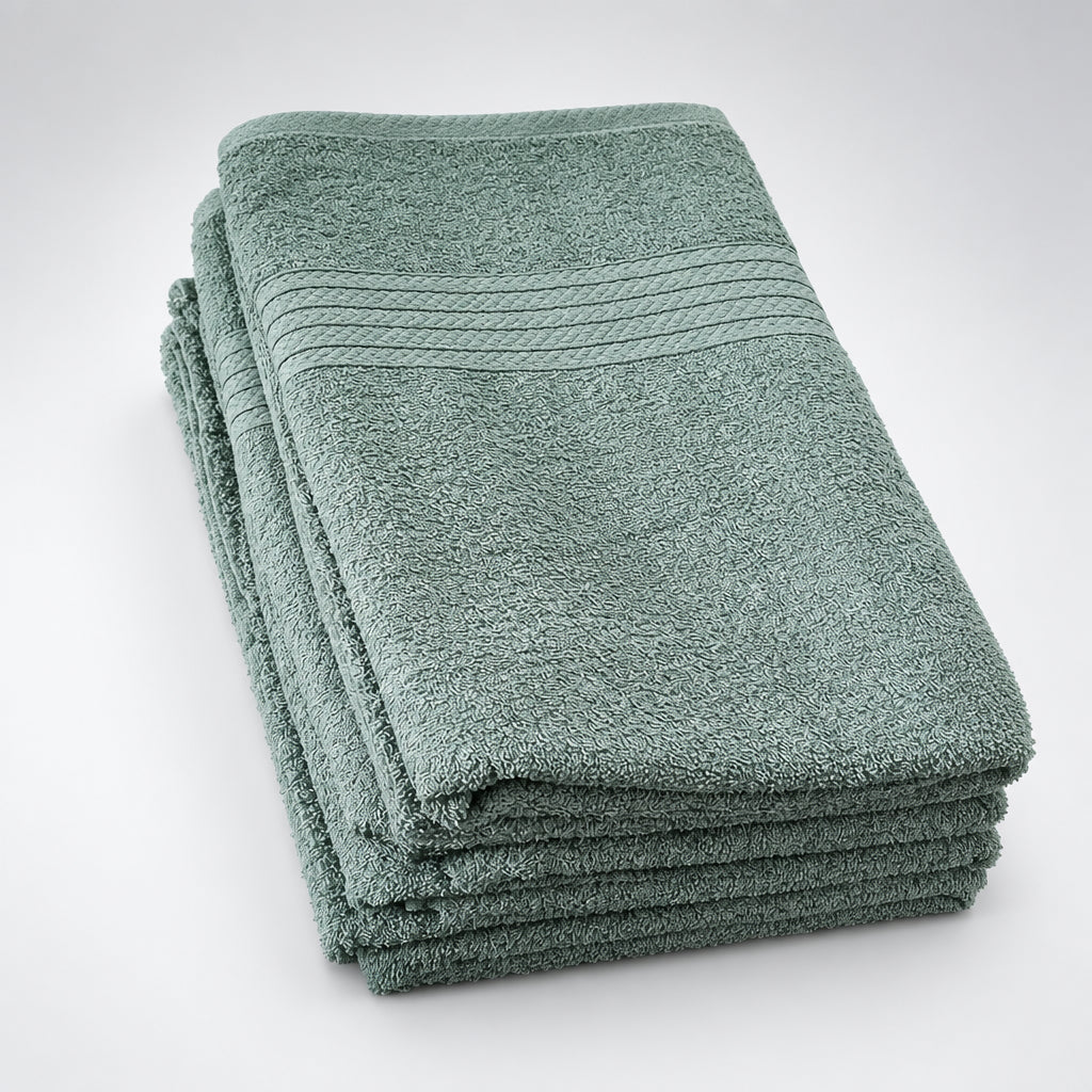 Stack of Sage Grey Value Bath Towels with ribbed stripes