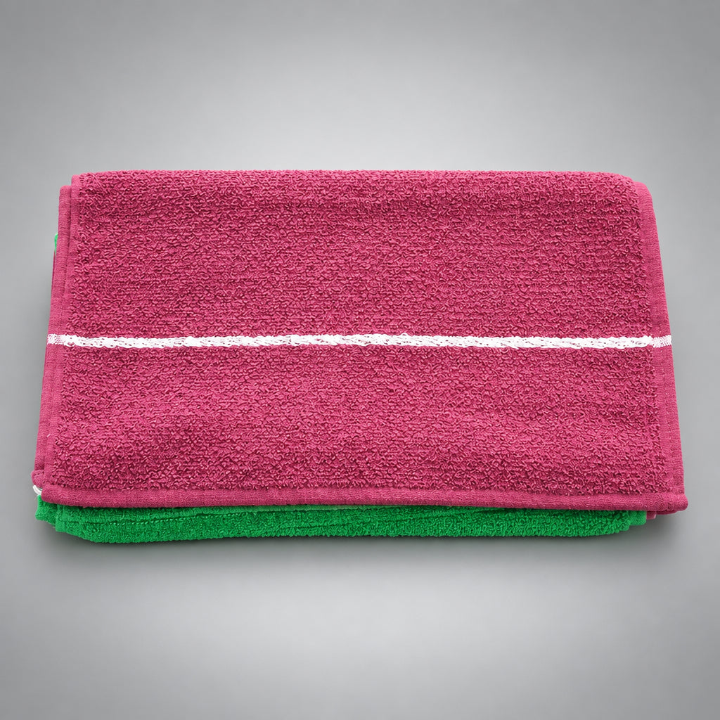 Burgundy Loop Terry Kitchen Towel stacked on a Garden Green one