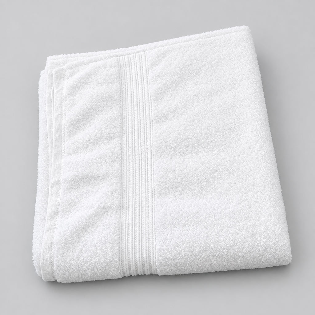Home Bath Towel in white folded, central ribbed stripe detail