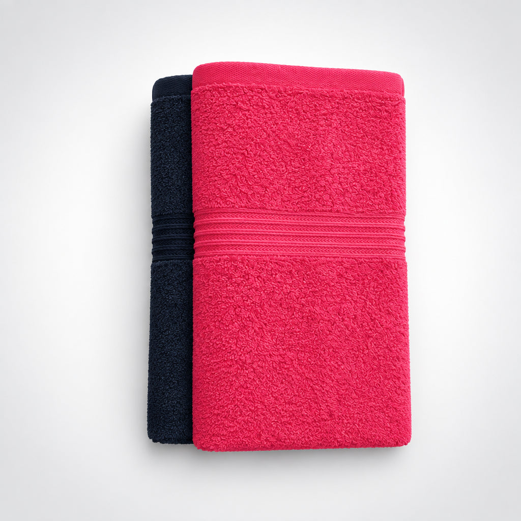 Everyday Gym and Face Towels in Hot Pink and Slate Blue, folded and stacked